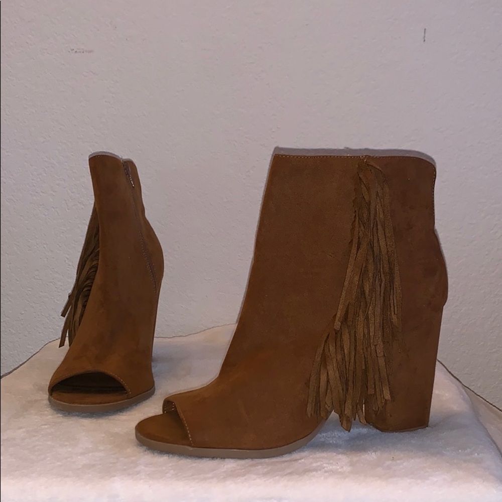 Brown suede peep toe heels